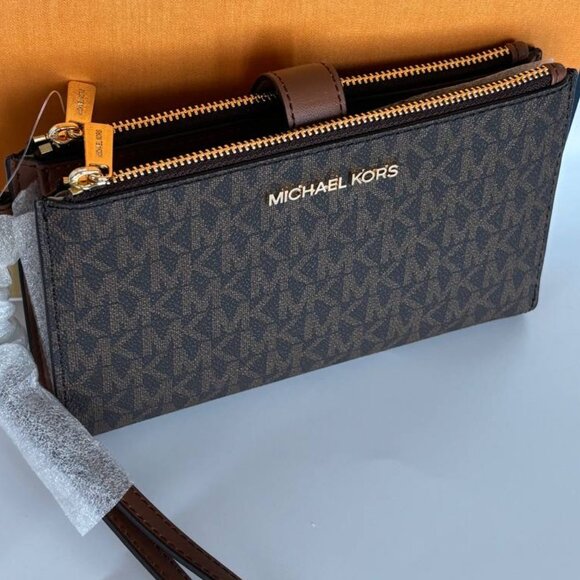 NWT Michael Kors Jet Set Travel Double Zip Large Phone Wallet MK Brown/Luggage - Picture 2 of 11